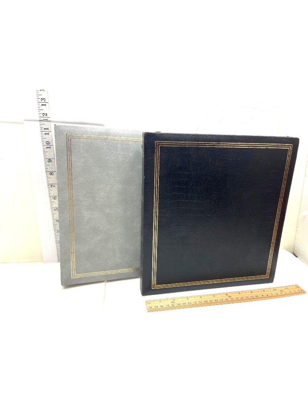 2-Vintage Gray & Black 3-Ring Binders With Gold Trim Faux Leather 12"x10.5" Size